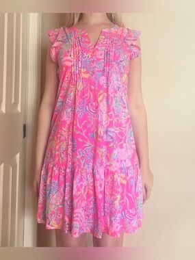 Lilly Pulitzer Golda Dress Pink Shell Me Something Good Flutter Sleeve S